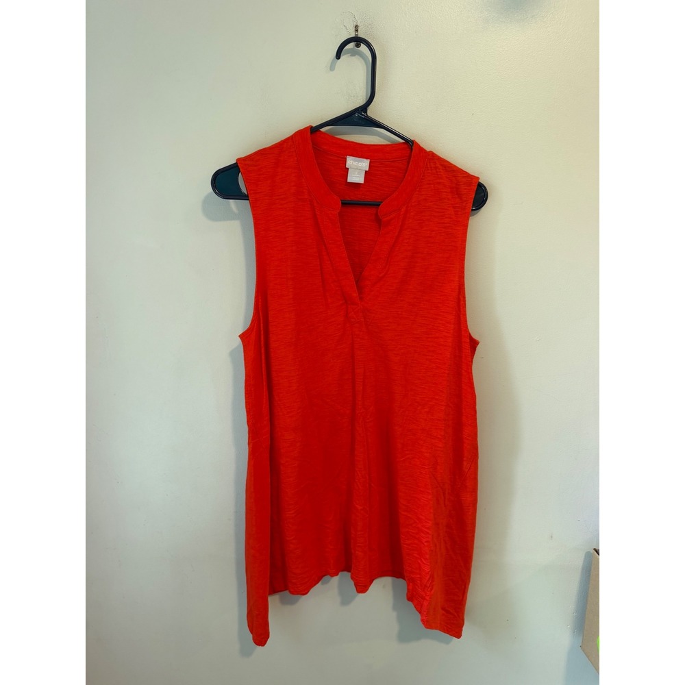 Chicos Red Slub Knit Sleeveless Split Neck Sharkbite Hem Tunic Top Size 2 L